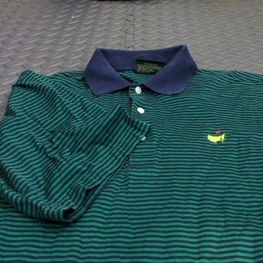 Amen Corner Polo Shirt Men L Masters Green Striped Short Sleeve Pima Cotton Golf